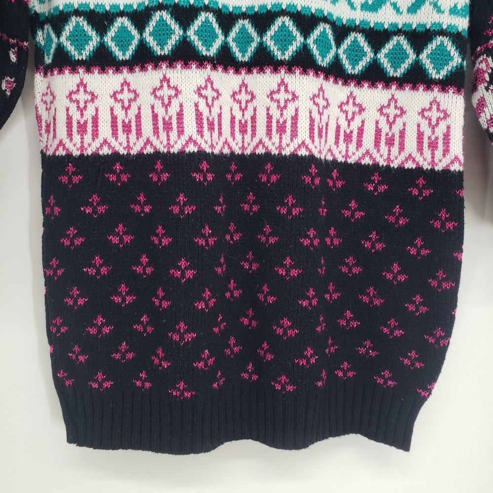 Vintage 90s Private Eyes Bear Heart Fair Isle Sweater Womens XS Black Pink Lurex - Picture 5 of 8